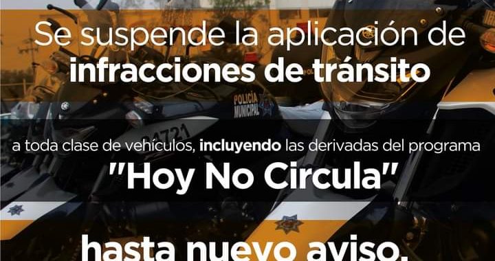 SE SUSPENDEN INFRACCIONES DE TRÁNSITO EN EL TERRITORIO MUNICIPAL