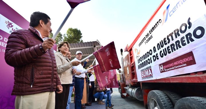 La Gobernadora Delfina Gómez destaca el humanismo mexiquense y da banderazo de salida a 60 camiones para realizar labores de limpieza en Acapulco, Guerrero