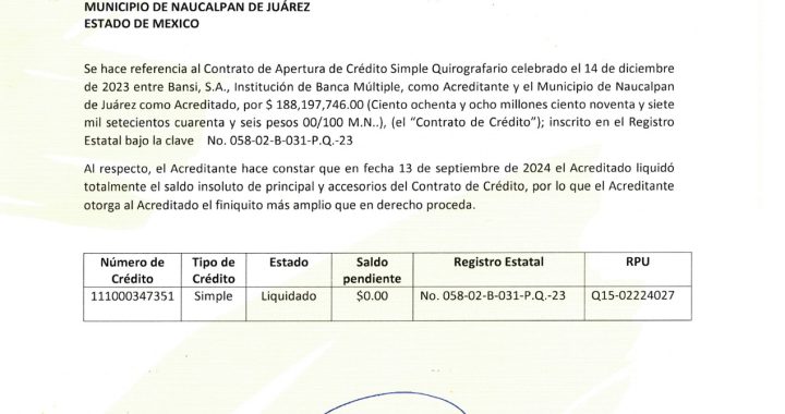 PAGA NAUCALPAN CRÉDITO BANCARIO POR 188.19 MDP