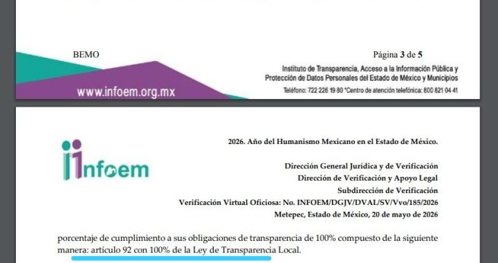 EN NICOLÁS ROMERO SE GOBIERNA CON TRANSPARENCIA: EL INFOEM RECONOCE CUMPLIMIENTO TOTAL DE OBLIGACIONES EN ESA MATERIA