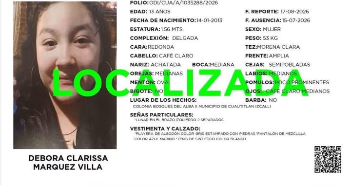 LOCALIZAN A MENOR CON FICHA DE BÚSQUEDA ACTIVA EN CUAUTITLÁN IZCALLI